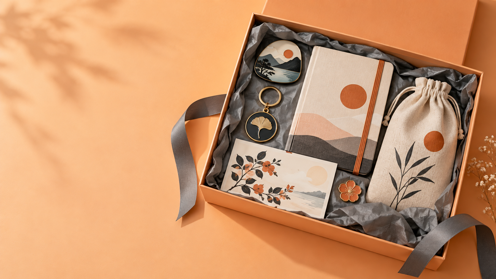An open warm orange gift box containing a fridge magnet, keyring, notebook, card and fabric pouch