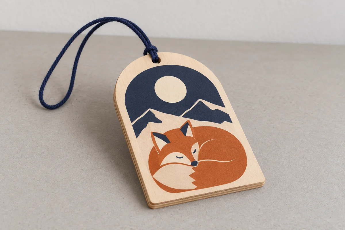 Printed plywood woodland fox ornament with a cotton hanging cord