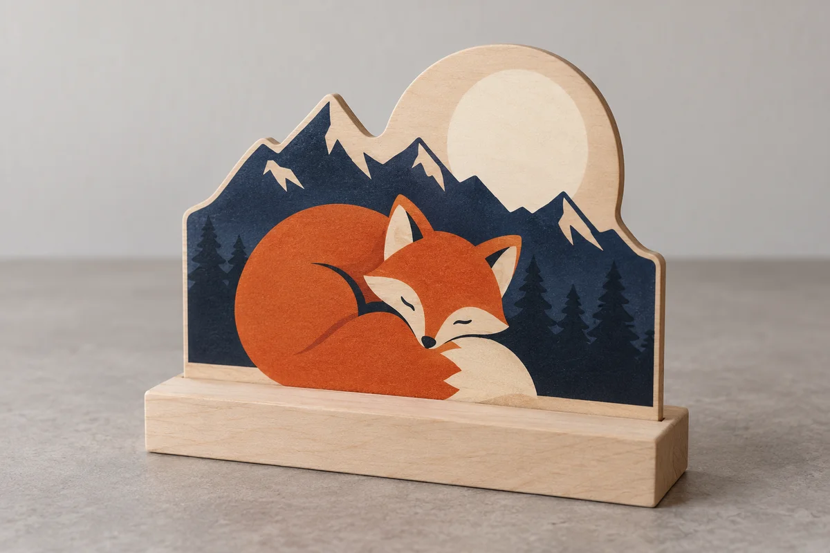 Woodland fox and moon plywood keepsake display in a slotted wooden base