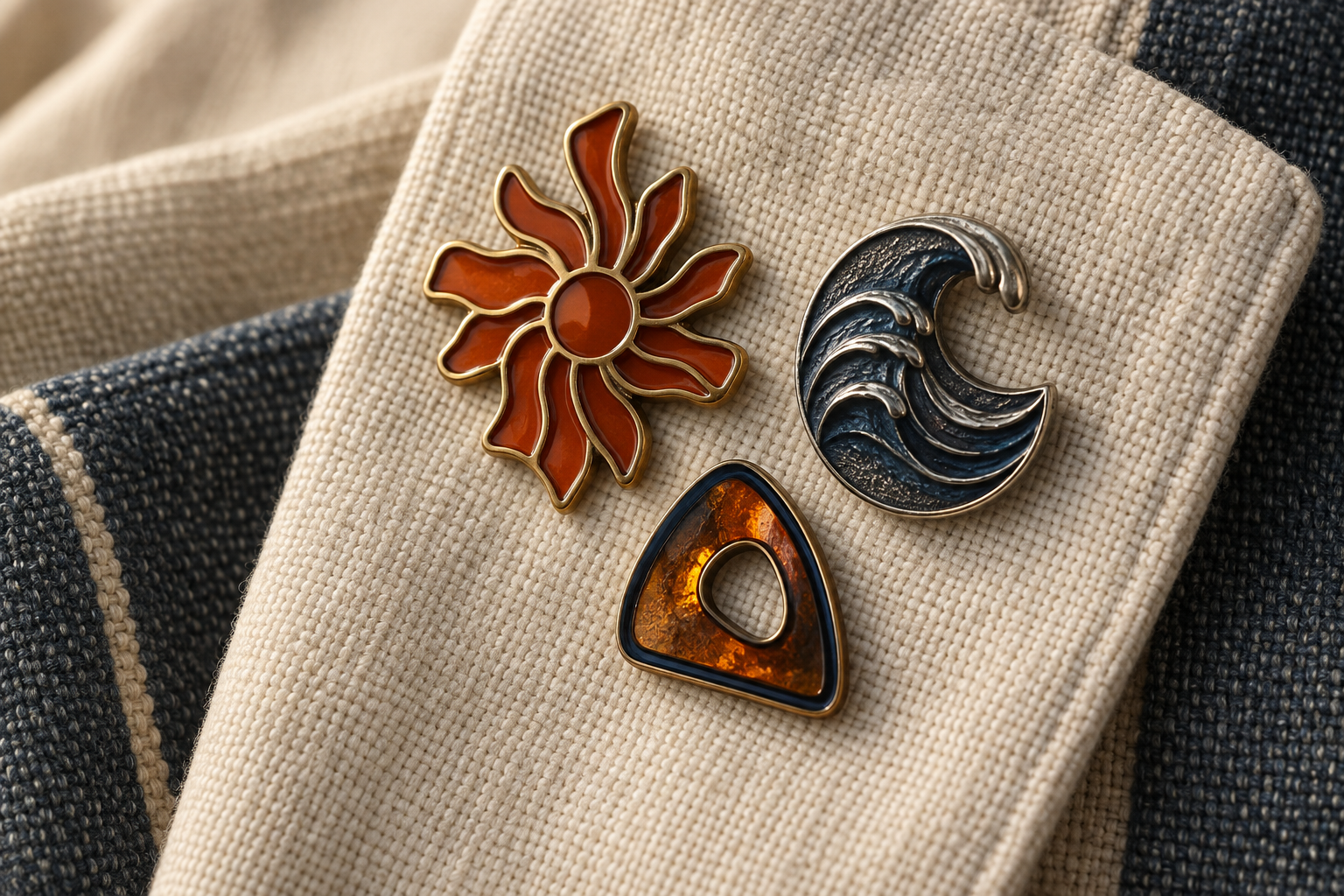 Dimensional custom pins and badges on a textile surface