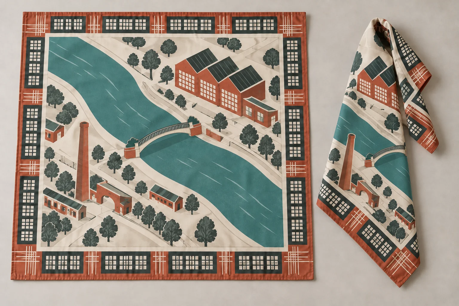 Cotton bandana shown open and folded with a teal river map and brick-red architectural details