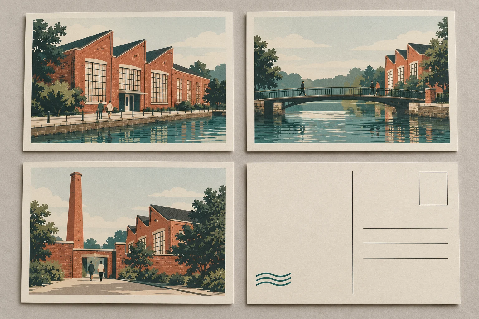 Three illustrated architectural postcard fronts with an additional view of the shared postcard back