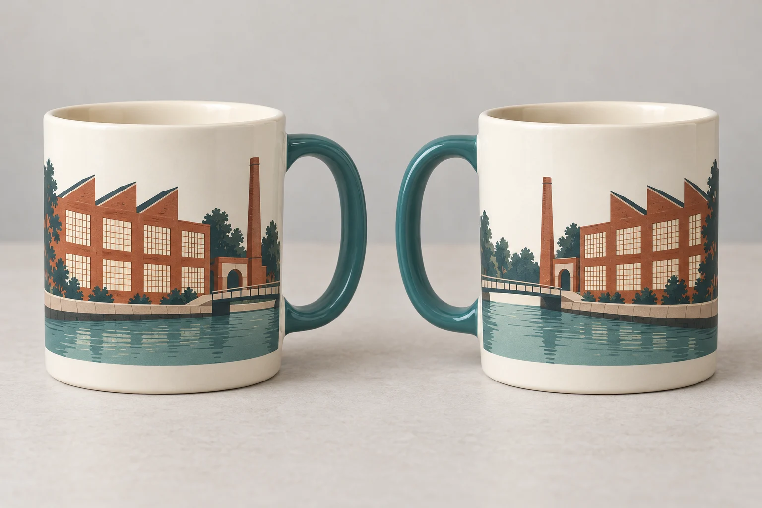 Cream ceramic mug with a teal handle and wraparound riverside architecture, shown from two angles