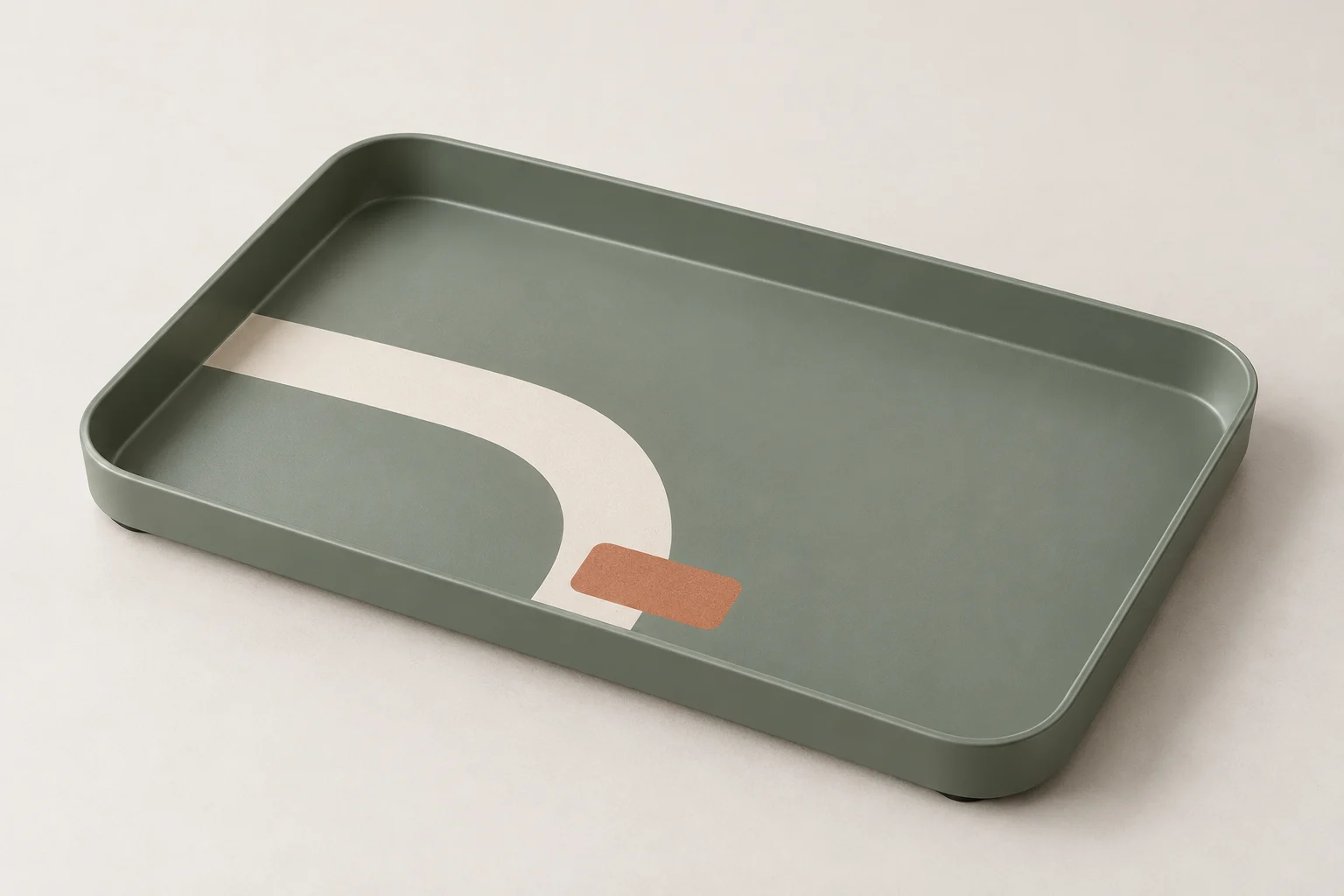 Sage-green shallow entry tray with a cream curved path and a small terracotta accent