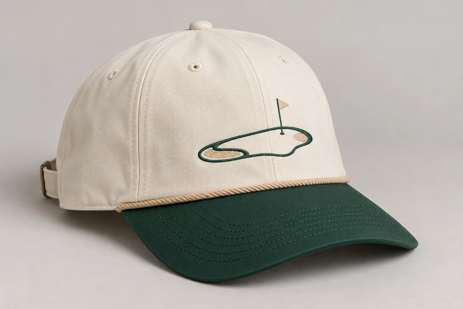 Cream golf cap with a forest-green curved brim, sand-colored cord and embroidered green motif