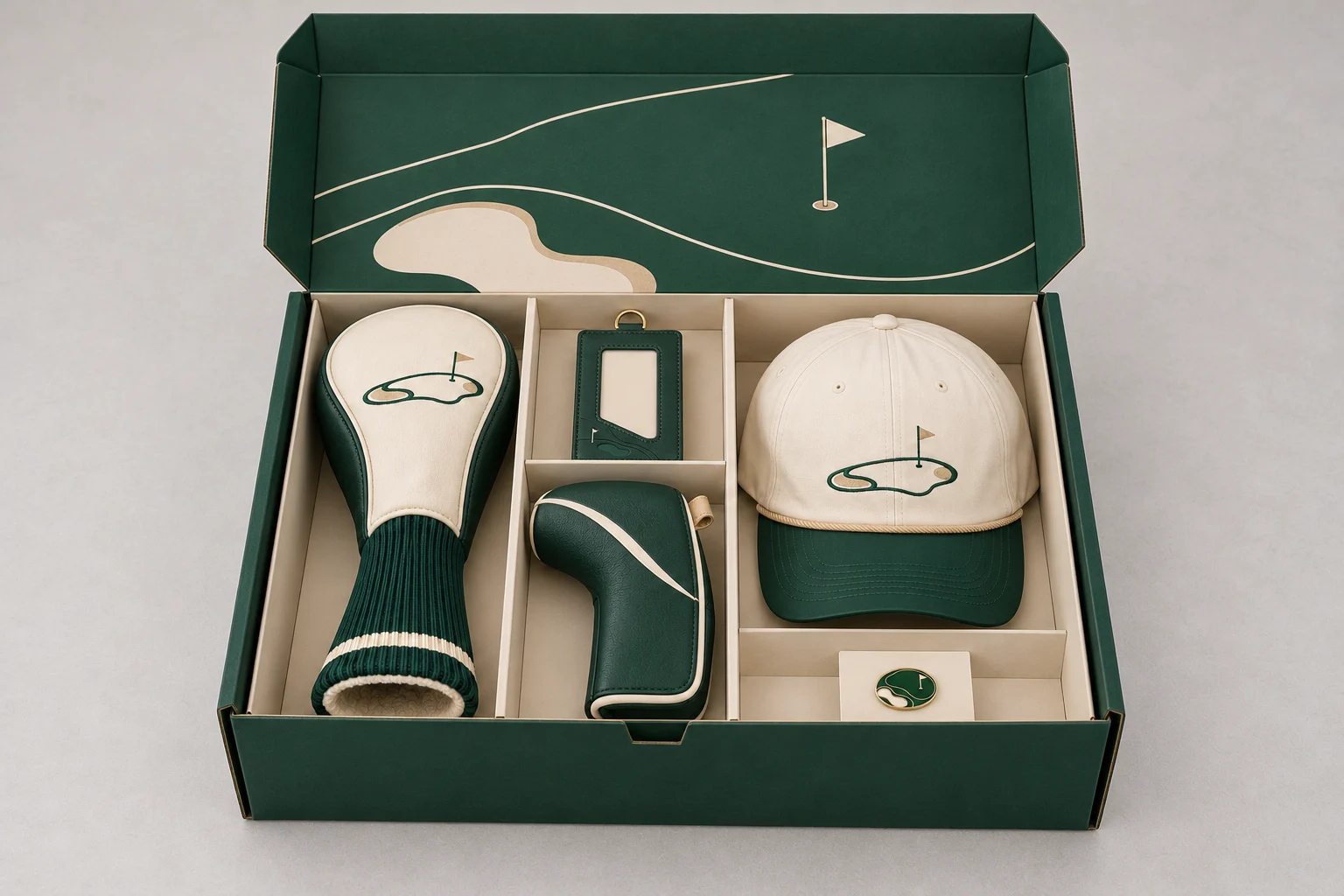 Open green flip-top box with an extended driver cover, blade cover, card sleeve, unflattened cap and mounted pin