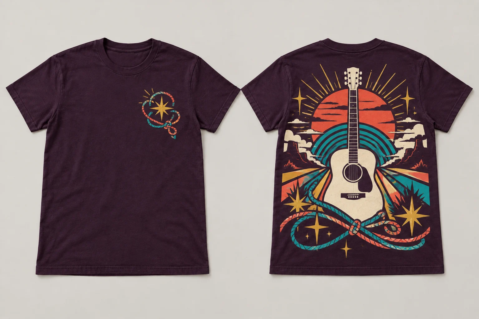 Deep-purple T-shirt shown front and back with a small chest star and a large colorful sunset guitar graphic