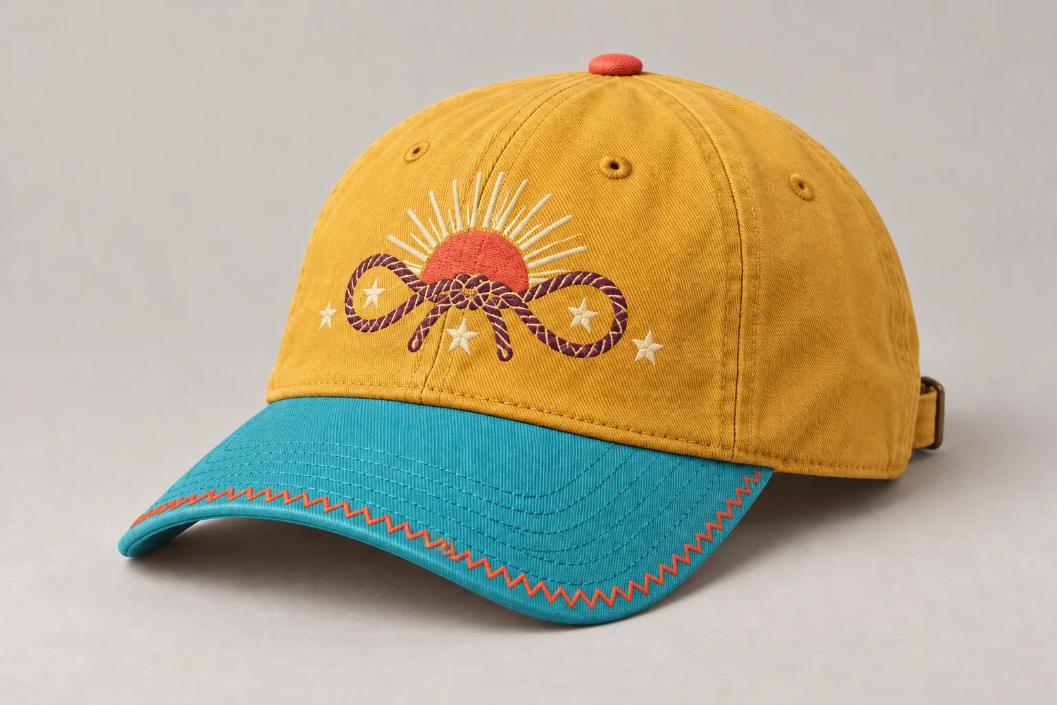 Golden-yellow cap with a lake-blue brim, coral button and embroidered sun, rope circle and stars
