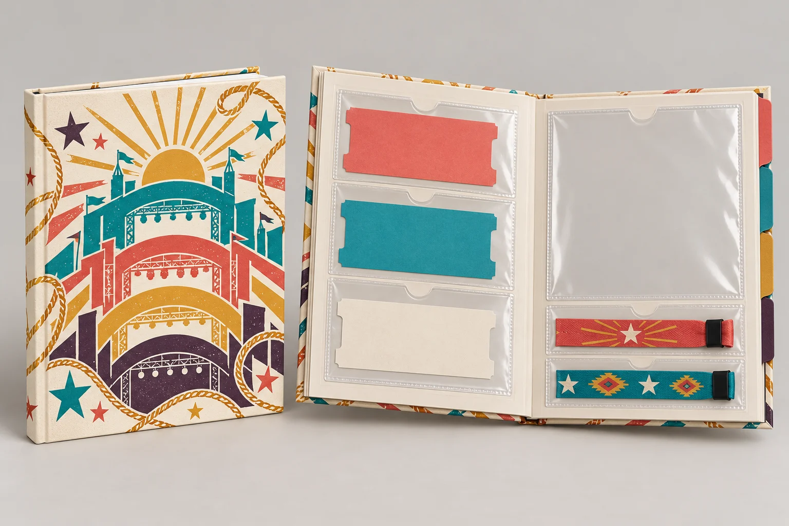 Colorful stage-arch album shown closed and open with four dividers, clear ticket pockets and a wristband pocket