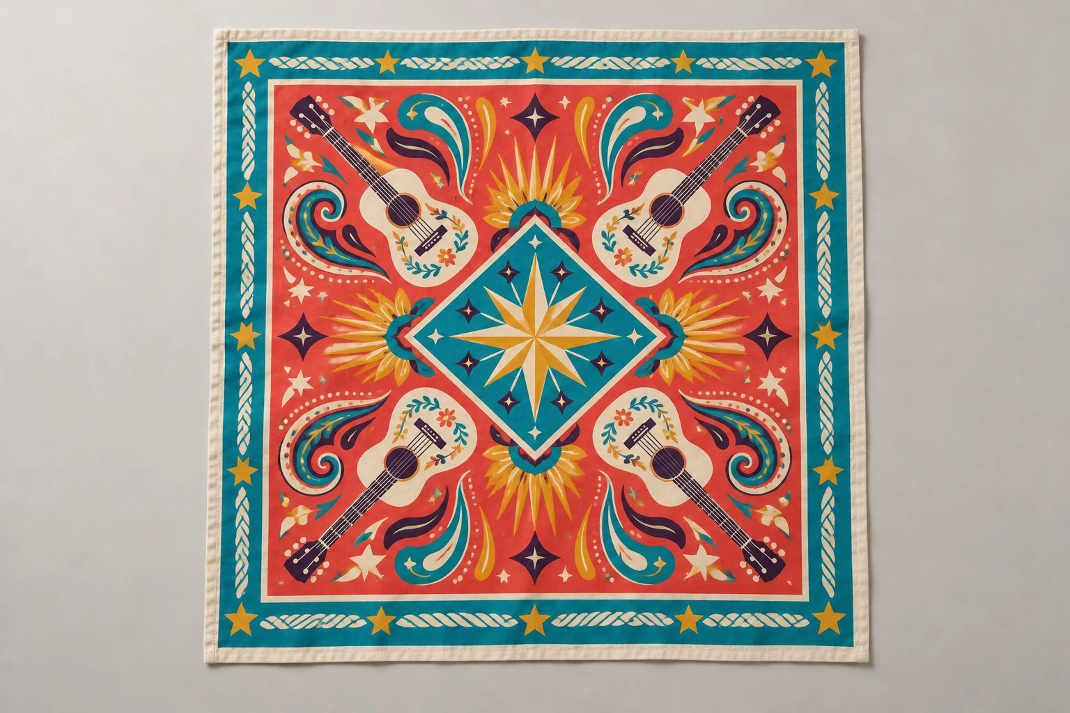 Coral and lake-blue bandana with corner guitars, rope borders, suns and a large radiating central star