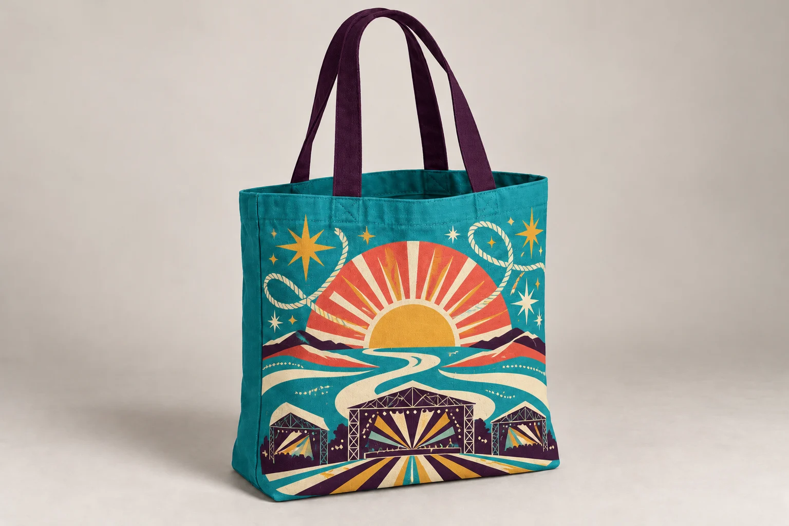 Lake-blue canvas tote with deep-purple handles and a colorful river, sunset and multi-stage illustration