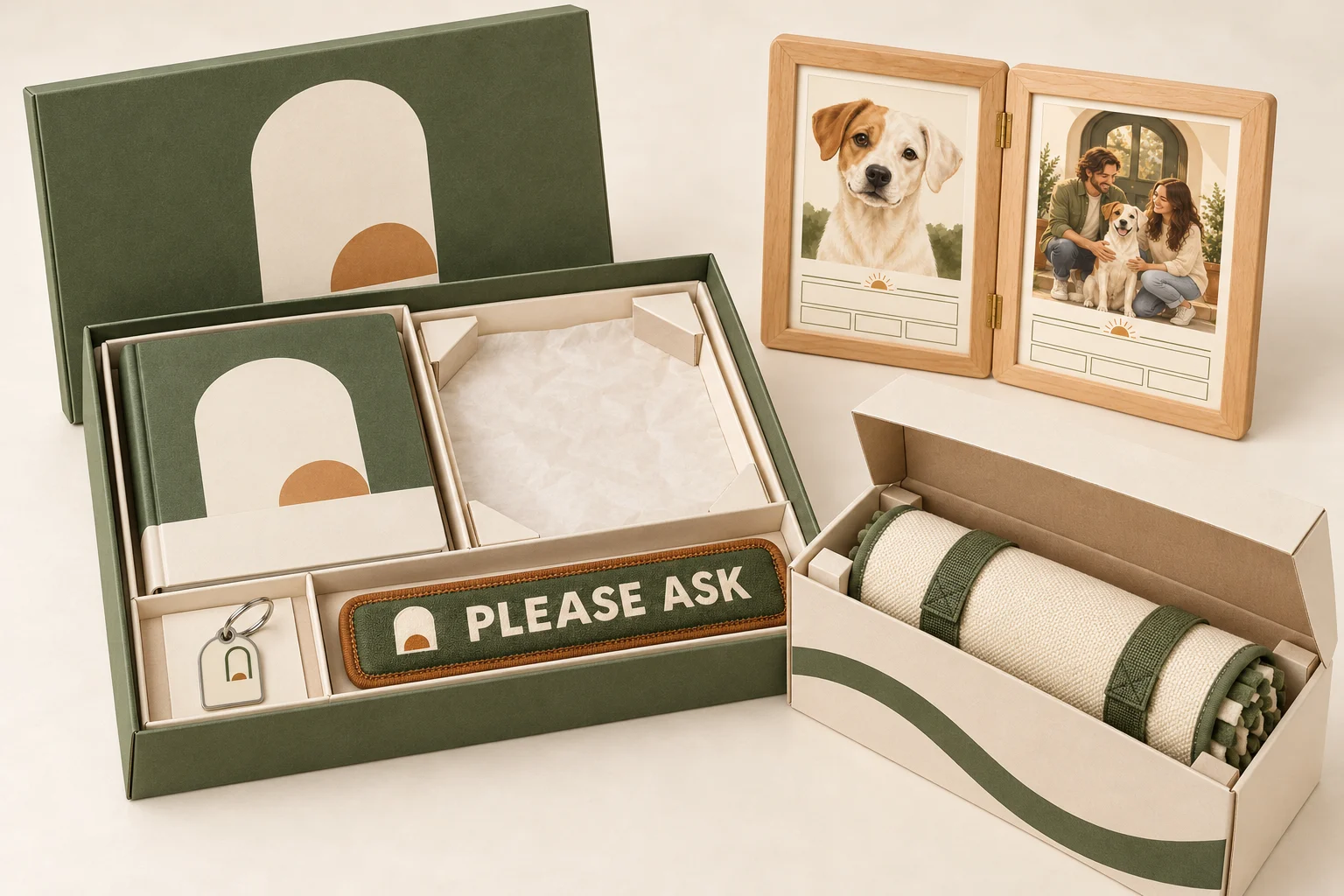 Moss-green main box for the tag, binder and leash sleeve, with the double frame displayed beside a separate rolled-mat carton