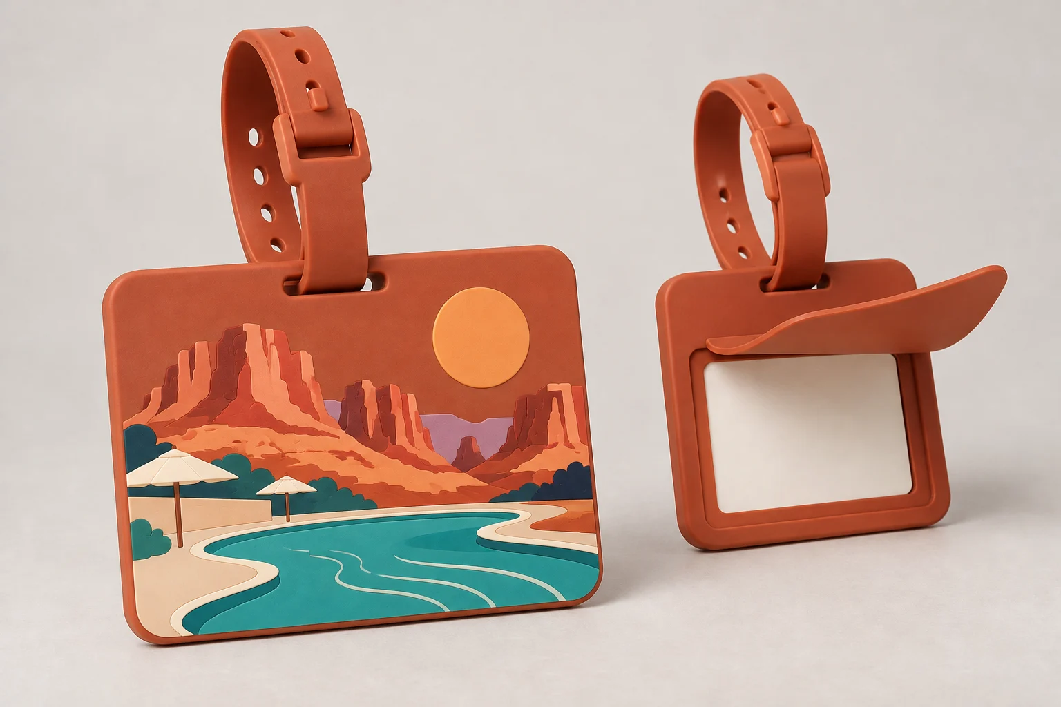 Terracotta luggage tag shown front and back with a turquoise pool scene, adjustable strap and privacy flap