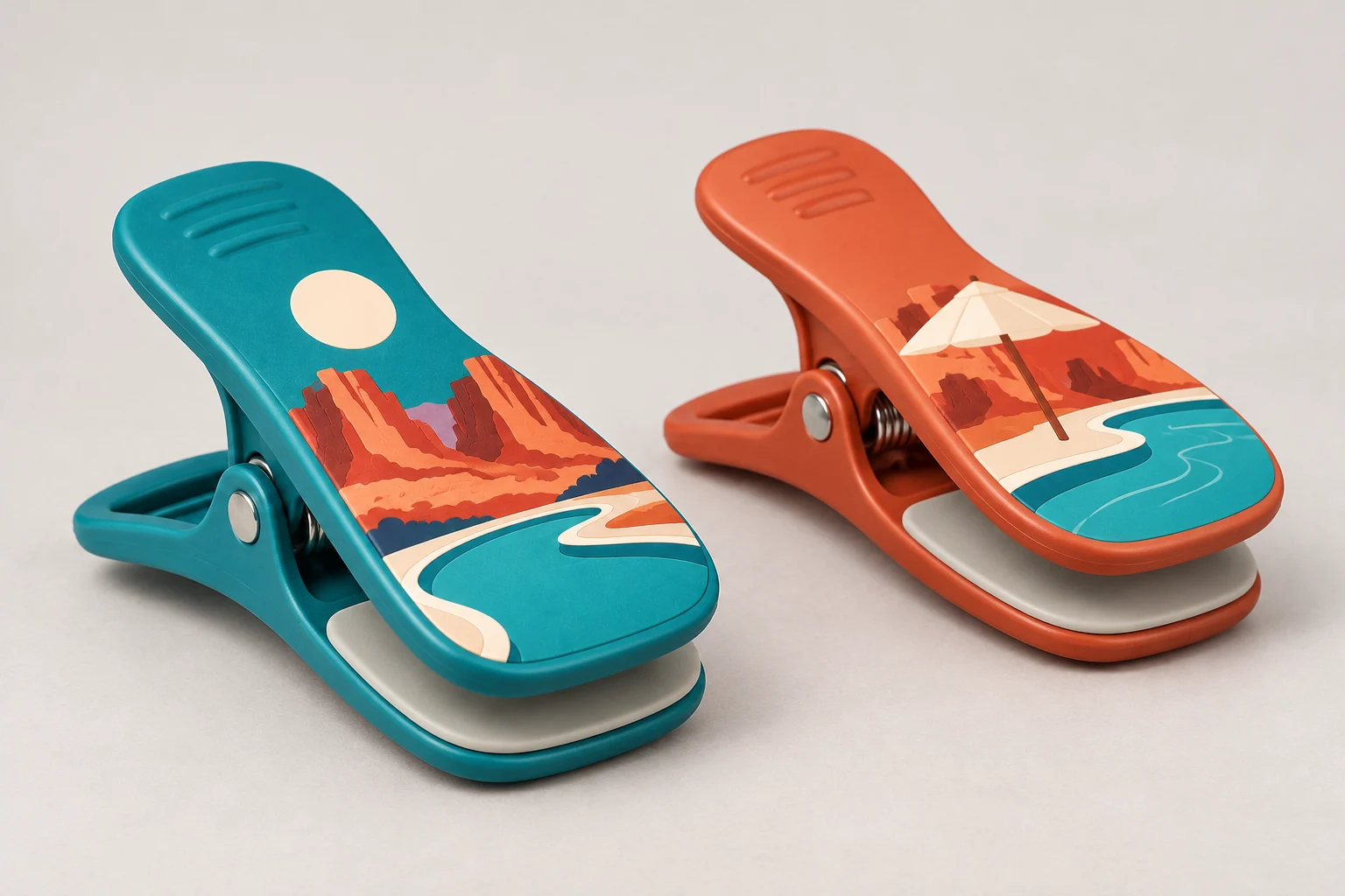 Pair of wide towel clips in turquoise and terracotta with red-rock, sun and pool umbrella graphics