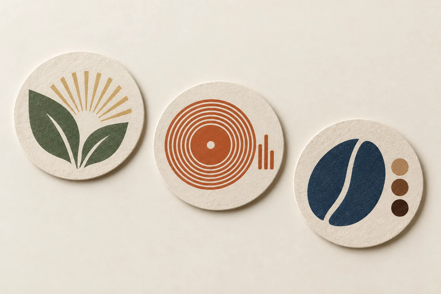 Three round café coaster designs featuring moss-green leaves, terracotta record rings and an indigo coffee-bean motif