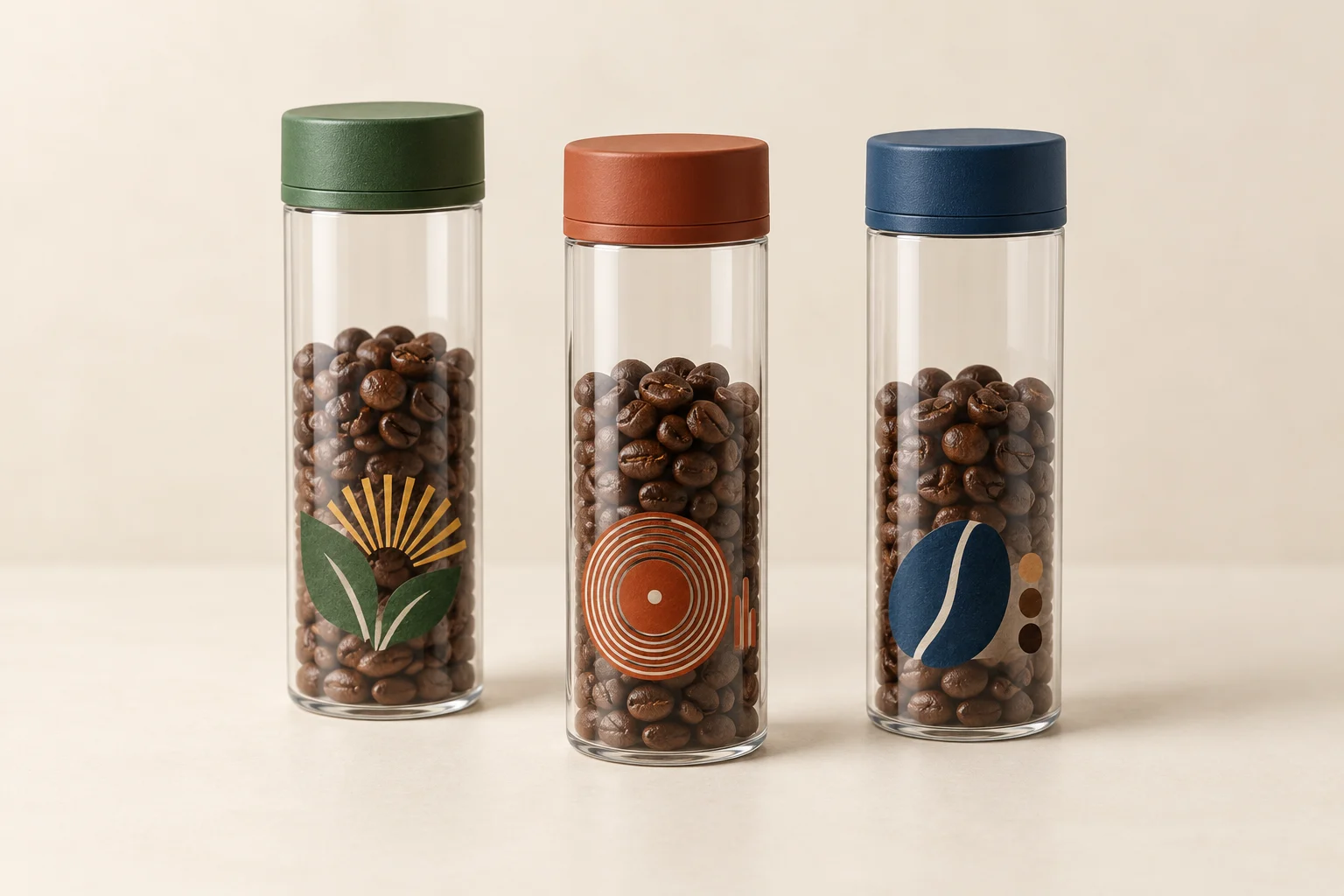 Three clear bean tubes with green, terracotta and indigo screw caps and small shop motifs, shown with demonstration beans