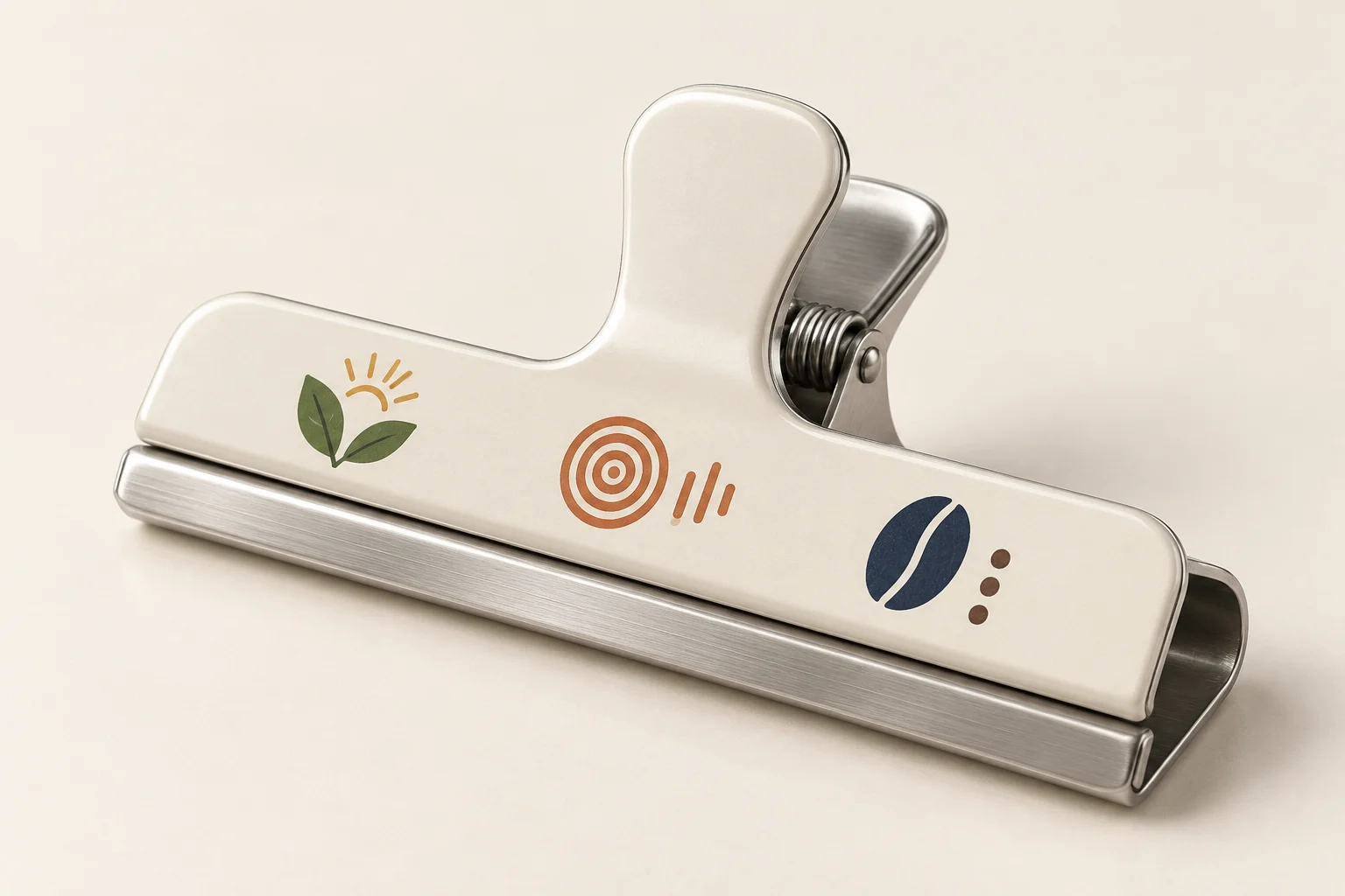 Wide metal coffee bag clip with a cream printed face, three café motifs, silver jaw and central press handle