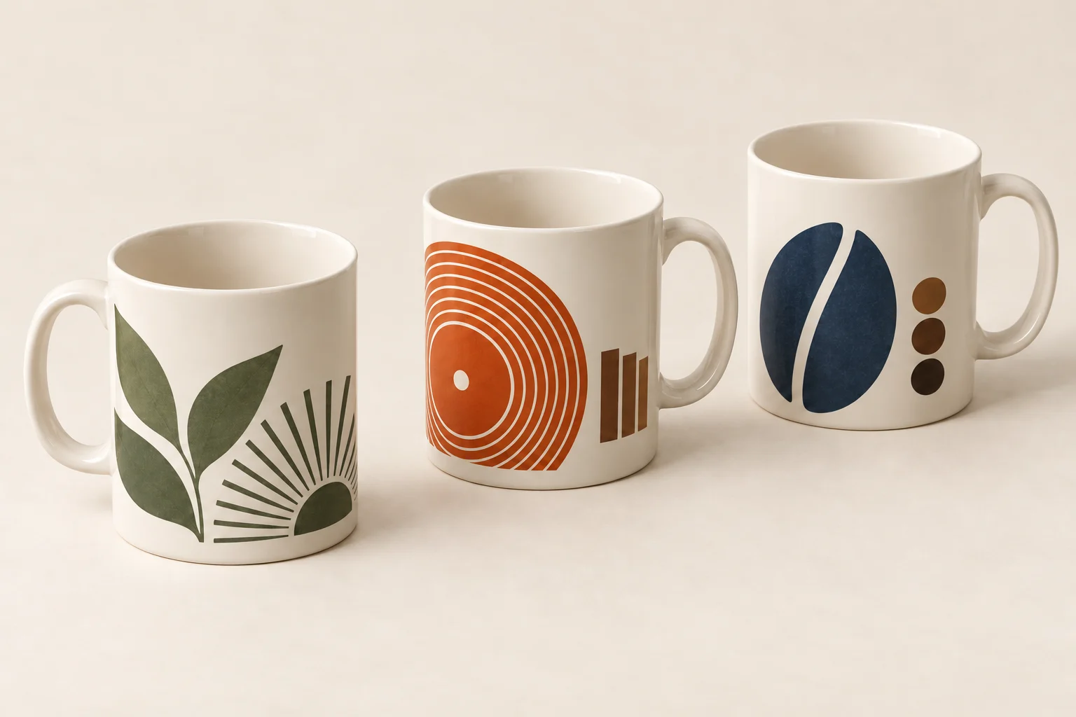 Three cream ceramic mugs with wraparound leaf, record and coffee-bean illustrations