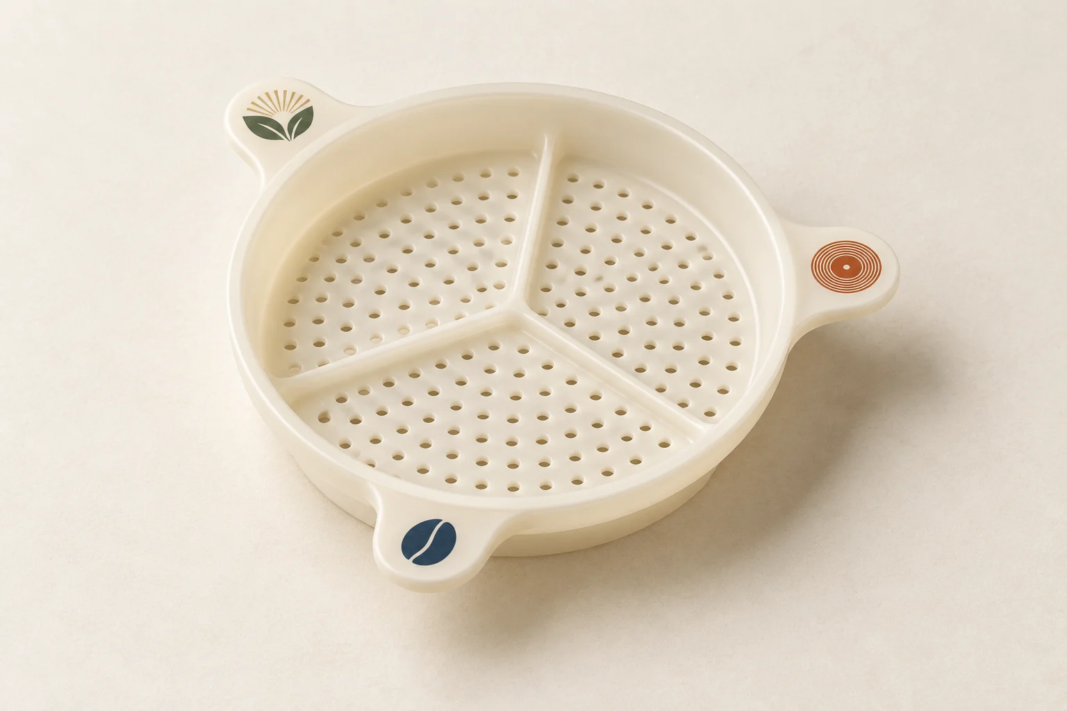 Translucent cream pour-over distributor with a perforated base, three radial ribs and three decorated support tabs