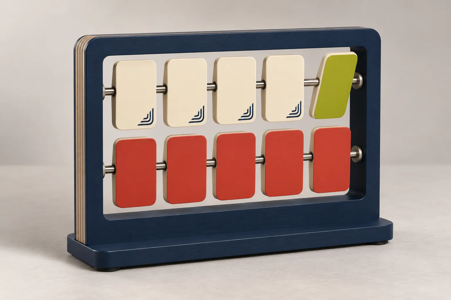 Midnight-blue tabletop reading tracker with two rows of five pivoting tiles in cream, tomato red and lime