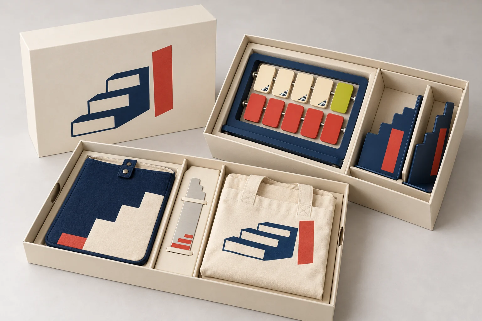 Cream reading gift box with a removable upper tray for textiles and bookmark above a tracker and two separated bookends
