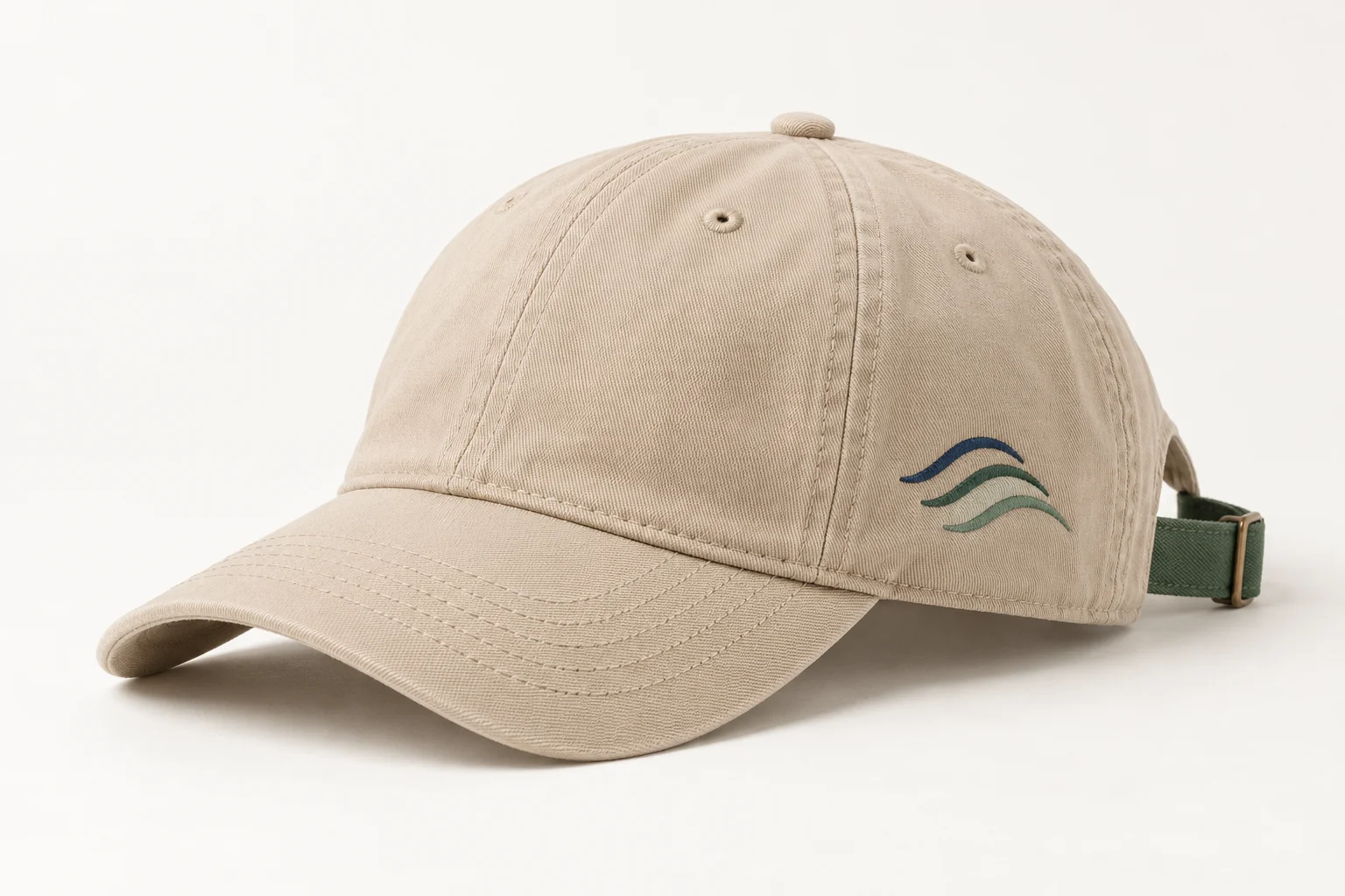 Sand cotton cap with blue tide-line embroidery and green adjustment strap