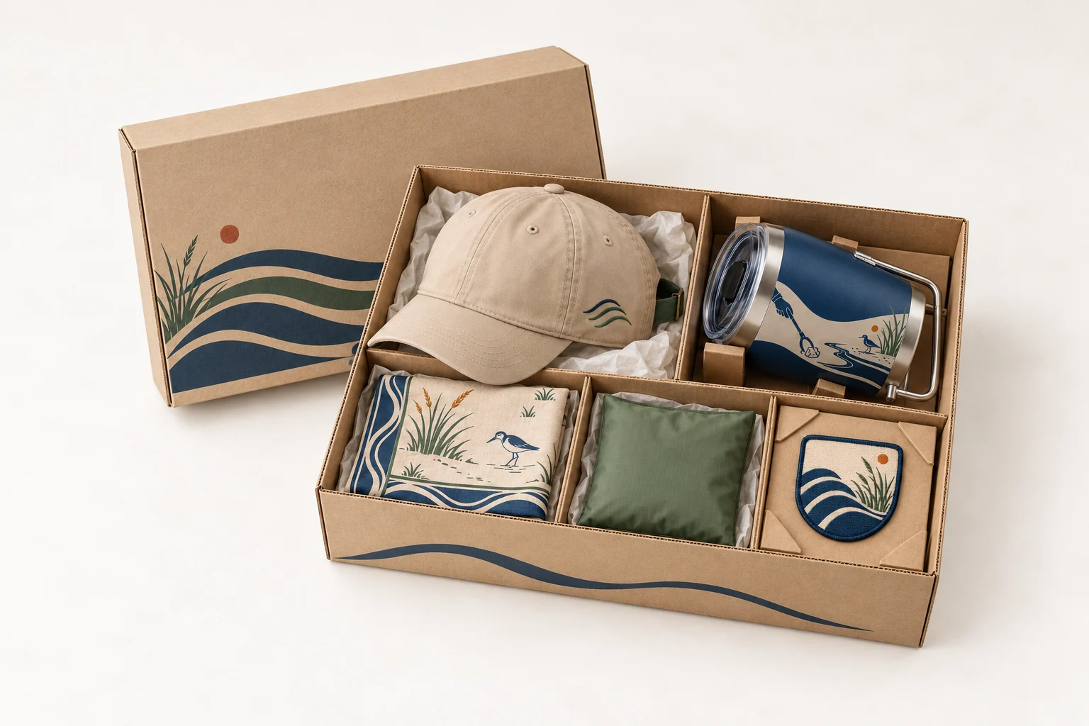 Open sand-colored volunteer gift box with five separated products and coastal lid graphics