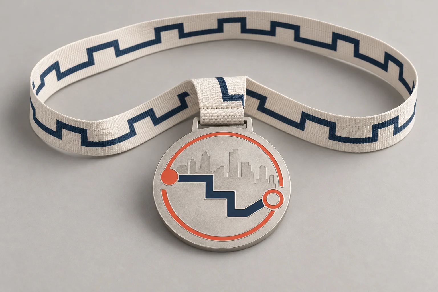 Silver-toned marathon medal with city skyline, navy route and woven ribbon