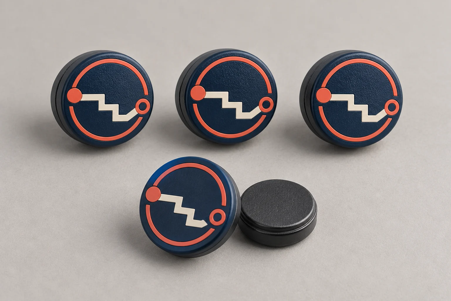 Four pairs of navy bib magnets, with one pair separated to show both halves