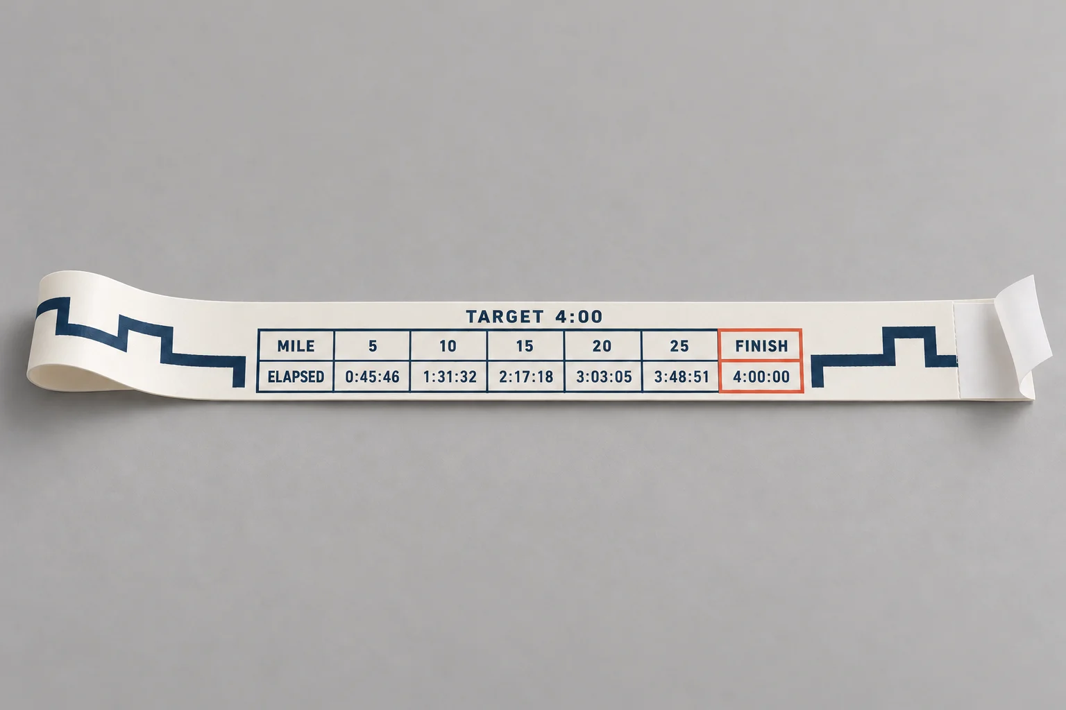 White synthetic-paper pace band with navy split times and a coral finish strip