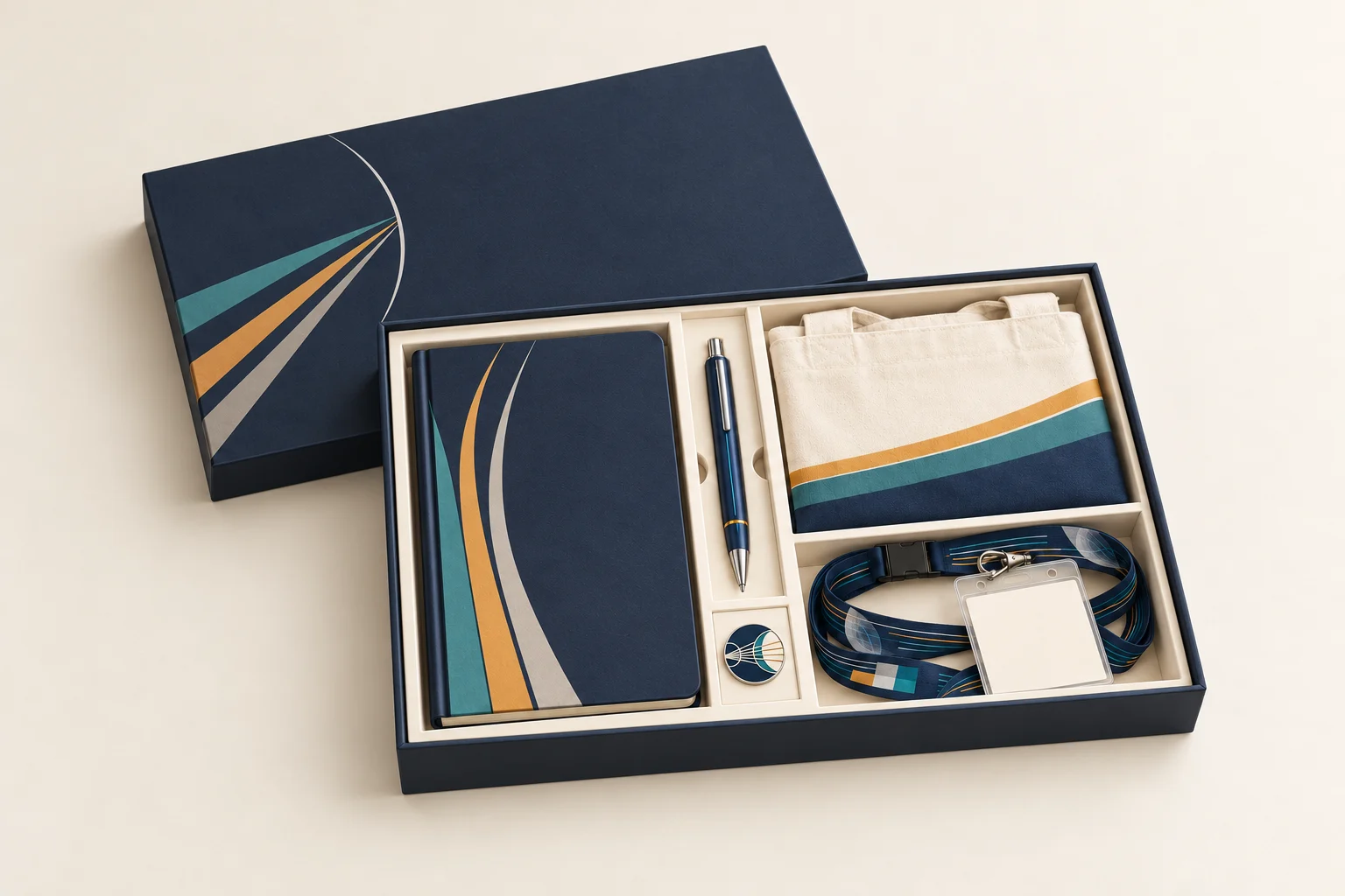 Open navy conference box with warm-white compartments and five coordinated products