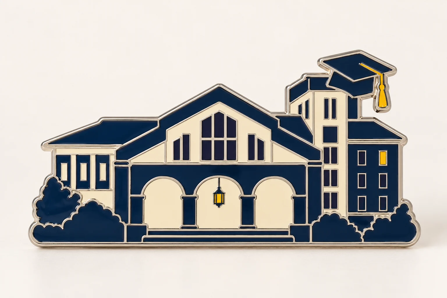Thin campus magnet showing three lit arches and a graduation cap