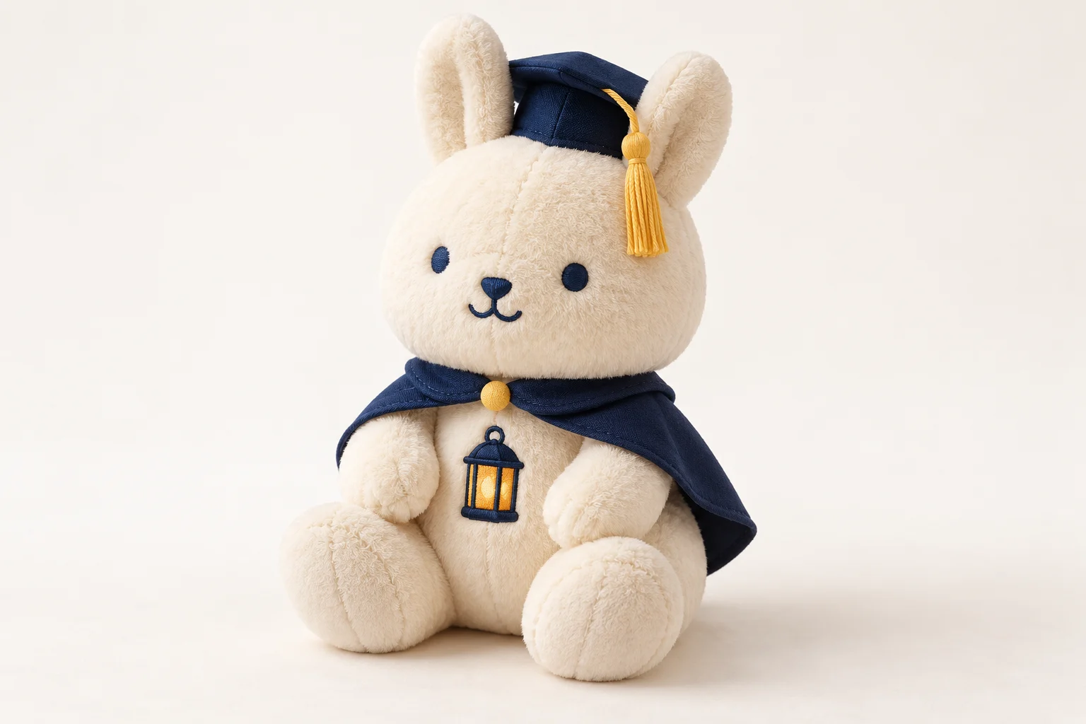 Cream plush rabbit with lantern chest detail, blue graduation cap and cape