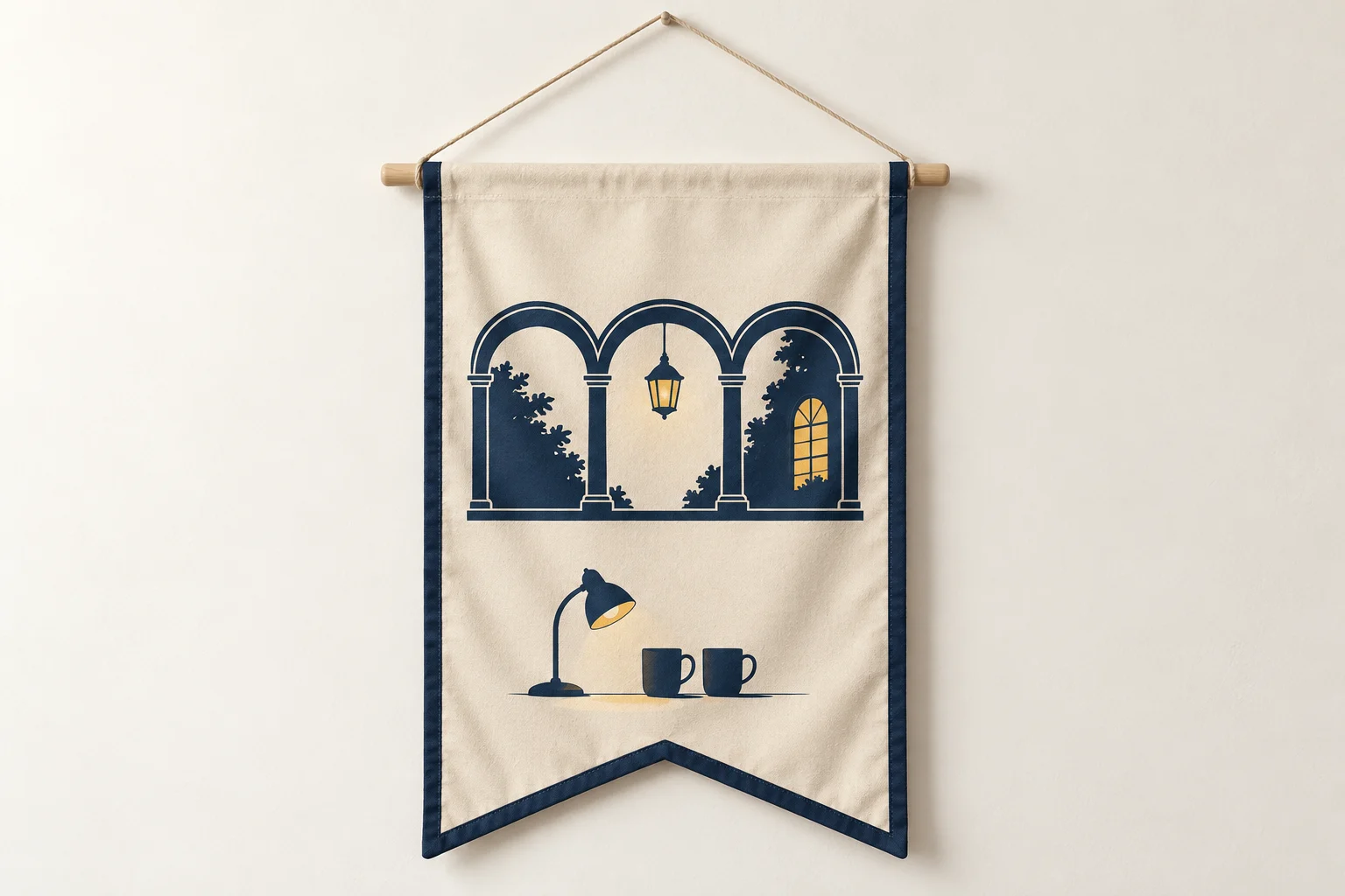 Canvas hanging banner with dorm windows, desk lamp and two mugs