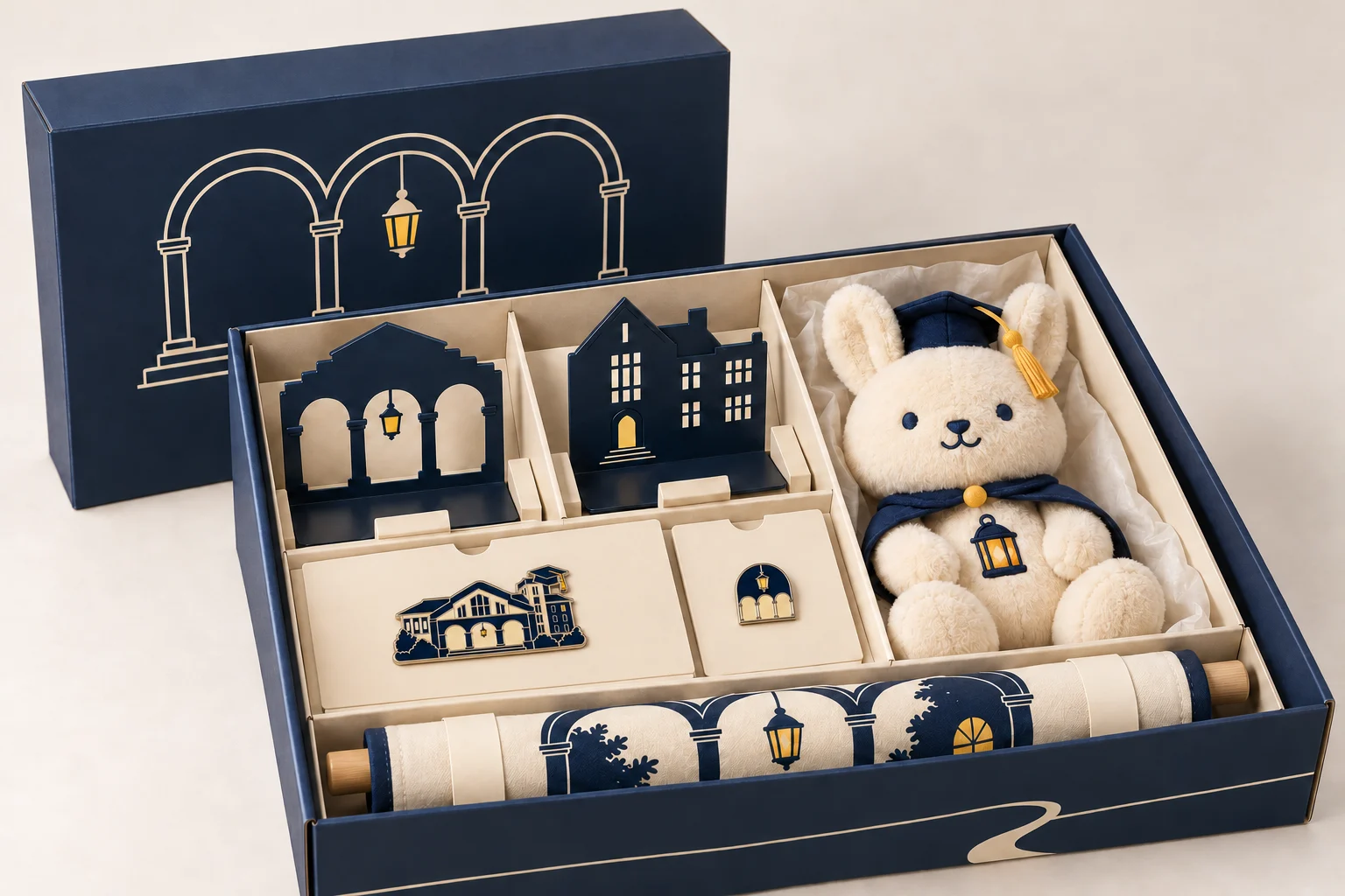 Deep navy graduation box containing paired bookends, rabbit, magnet, pin and rolled banner