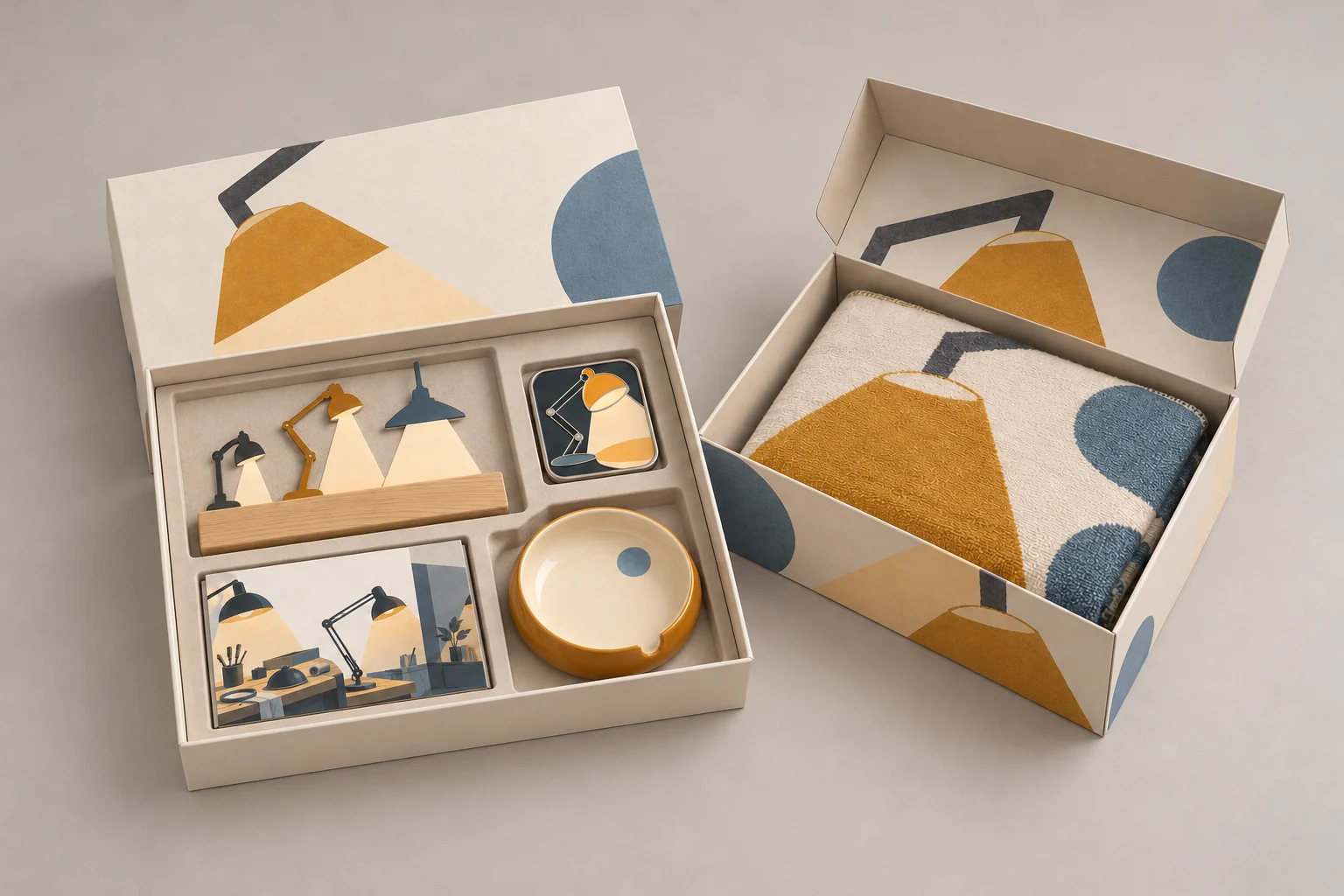 Two anniversary boxes with four objects in a molded tray and a woven throw in its own carton