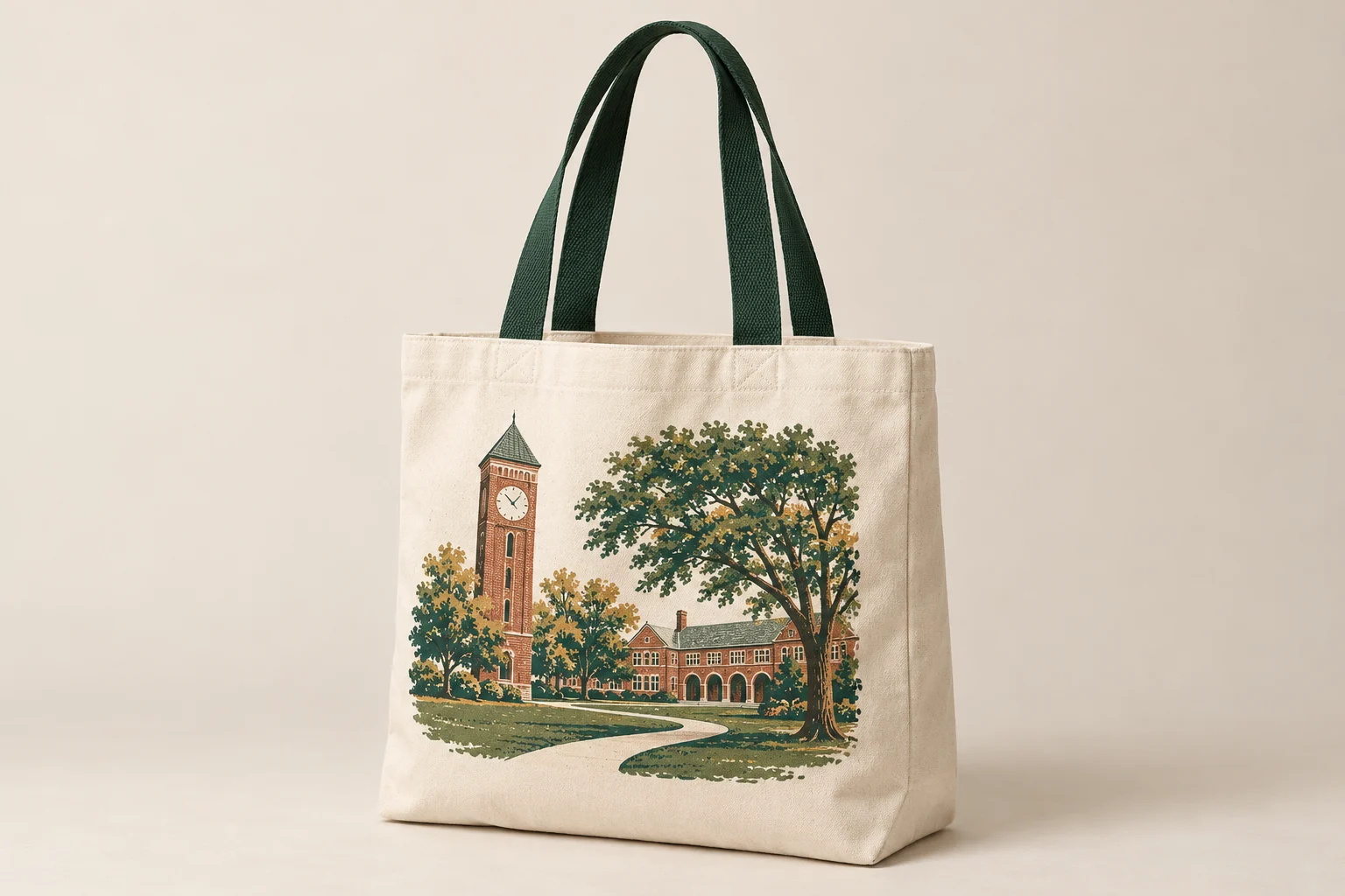 Natural canvas tote with clock tower, elm and campus path illustration