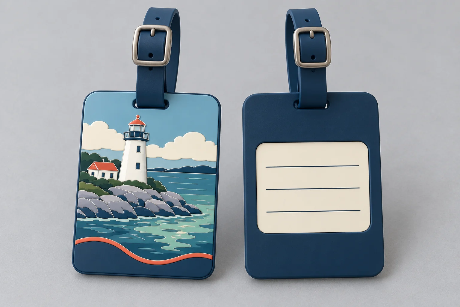 Front and reverse of a lighthouse bag tag with navy buckle straps and a blank ruled contact panel.