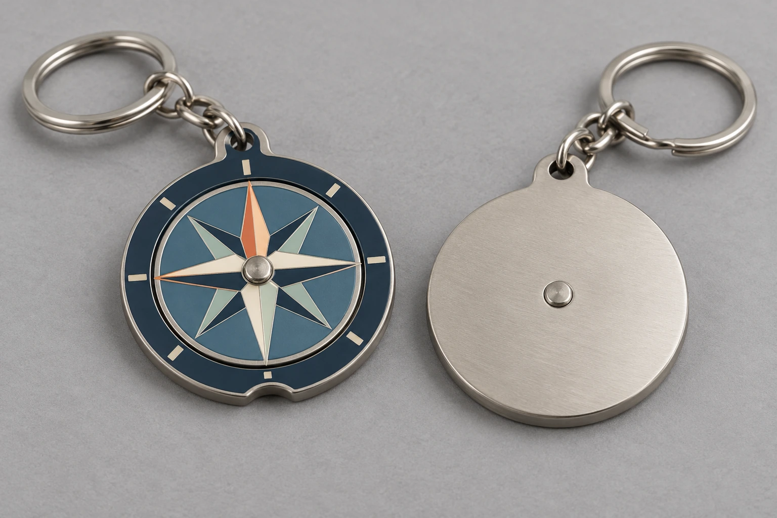 Front and rear views of a round compass keyring with a rotating disk and attached split rings.