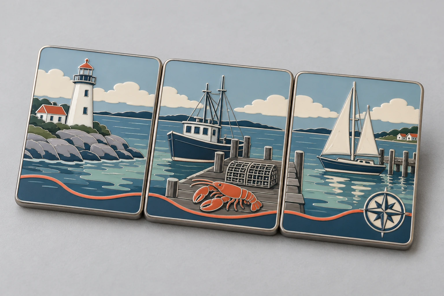 Three metal magnet tiles showing a lighthouse, lobster dock and sailboat marina linked by a coral route.